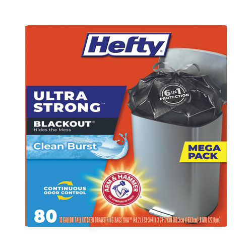 Hefty Ultra Strong 13 Gallon 80 Count Tall Kitchen Drawstring Trash Bags  with Clean Burst scent , Blackout, Black New!