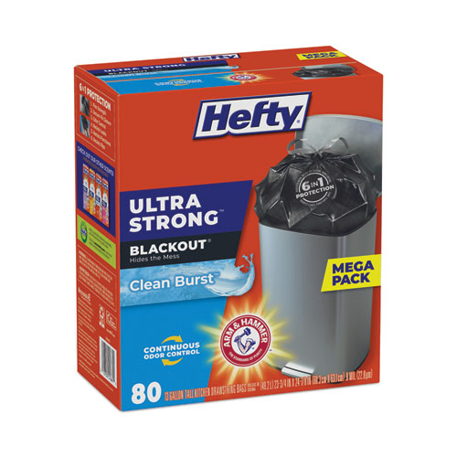Image of Hefty® Ultra Strong Blackout Tall-Kitchen Drawstring Bags, 13 Gal, 0.9 Mil, 23.75" X 24.88", Black, 80/Box