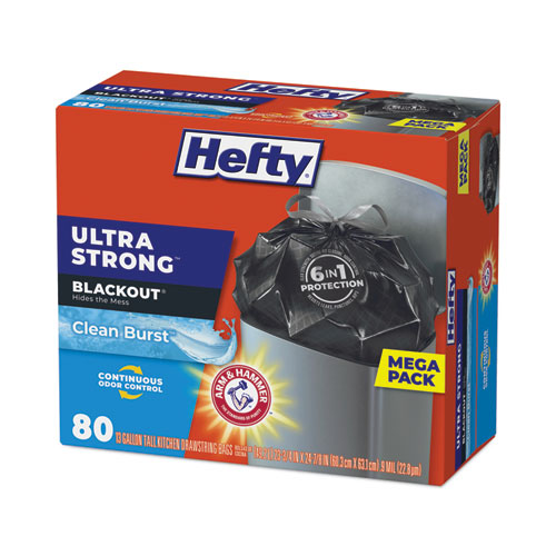 Image of Hefty® Ultra Strong Blackout Tall-Kitchen Drawstring Bags, 13 Gal, 0.9 Mil, 23.75" X 24.88", Black, 80 Bags/Box, 3 Boxes/Carton