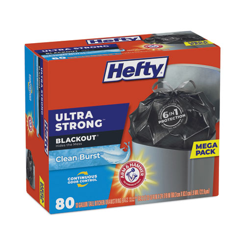 Image of Hefty® Ultra Strong Blackout Tall-Kitchen Drawstring Bags, 13 Gal, 0.9 Mil, 23.75" X 24.88", Black, 80 Bags/Box, 3 Boxes/Carton