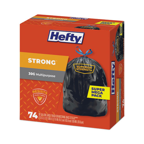 Image of Hefty® Strong Multipurpose Drawstring Trash Bags, 30 Gal, 1.1 Mil, 30" X 33", Black, 74/Box
