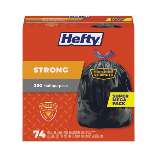 Image of Hefty® Strong Multipurpose Drawstring Trash Bags, 30 Gal, 1.1 Mil, 30" X 33", Black, 74/Box, 3 Boxes/Carton