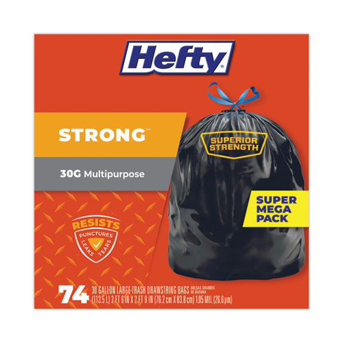 Image of Hefty® Strong Multipurpose Drawstring Trash Bags, 30 Gal, 1.1 Mil, 30" X 33", Black, 74/Box