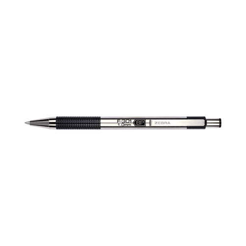 Image of Zebra® F-301 Ballpoint Pen, Retractable, Medium 1 Mm, Black Ink, Stainless Steel/Black Barrel