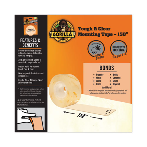 Image of Gorilla® Tough & Clear Double-Sided Mounting Tape, Permanent, Holds Up To 0.25 Lb Per Inch, 1" X 12.5 Ft, Clear