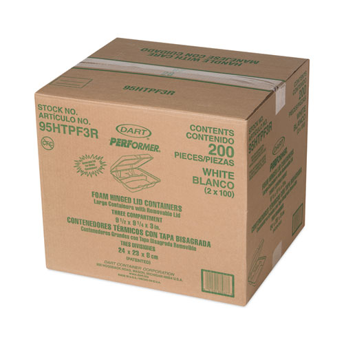 Image of Dart® Foam Hinged Lid Container, 3-Compartment, 9.3 X 9.5 X 3, White, 100/Bag, 2 Bag/Carton