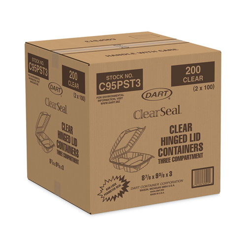 ClearSeal Hinged-Lid Plastic Containers, 3-Compartment, 9.4 x 8.9 x 3, Plastic, 100/Bag, 2 Bags/Carton