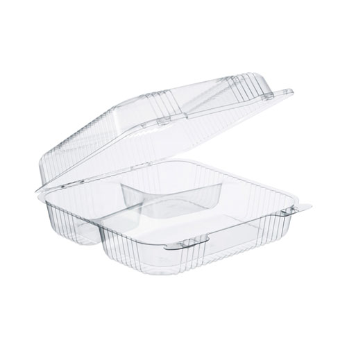 Image of Dart® Staylock Clear Hinged Lid Containers, 3-Compartment, 8.6 X 9 X 3, Clear, Plastic, 100/Packs, 2 Packs/Carton