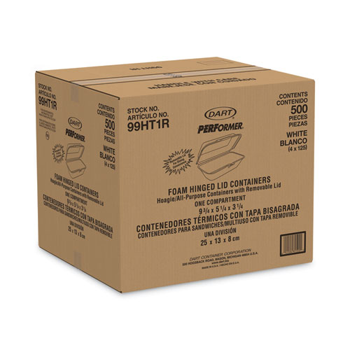 Image of Dart® Foam Hinged Lid Container, Hoagie Container With Removable Lid, 5.3 X 9.8 X 3.3, White, 125/Bag, 4 Bags/Carton