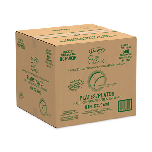 Image of Dart® Quiet Classic Laminated Foam Plates, 3-Compartment, 9" Dia, White, 125/Pack, 4 Packs/Carton