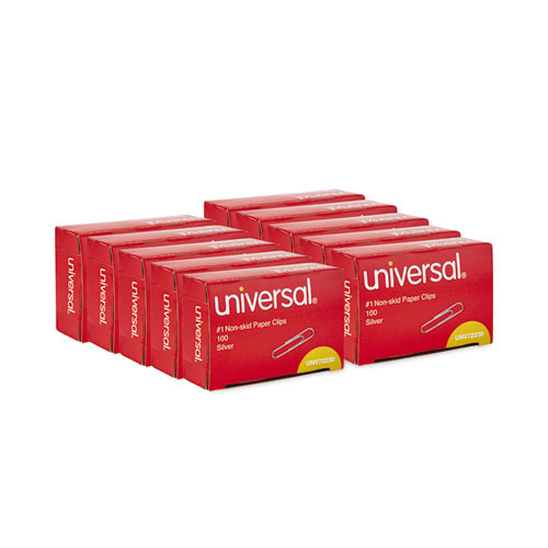 Image of Universal® Paper Clips, #1, Nonskid, Silver, 100 Clips/Box, 10 Boxes/Pack