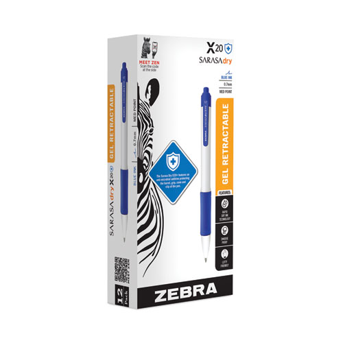 Image of Zebra® Sarasa Dry X20+ Gel Pen, Retractable, Fine 0.7 Mm, Blue Ink, White Barrel, Dozen