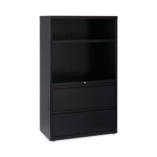 Hirsh Industries® Combo Bookshelf/Lateral File Cabinet, 2 Shelves (1 Adjustable), 2 Letter/Legal Drawers, Black, 36" X 18.62" X 60"