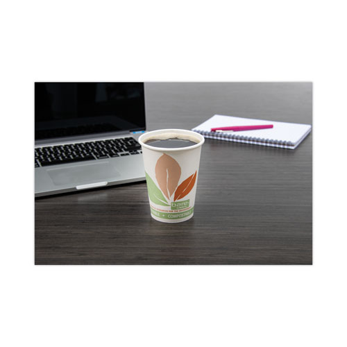 Bare Eco-Forward PLA Paper Hot Cups, 12 oz, Leaf Design, White/Green/Orange, 50/Bag, 20 Bags/Carton