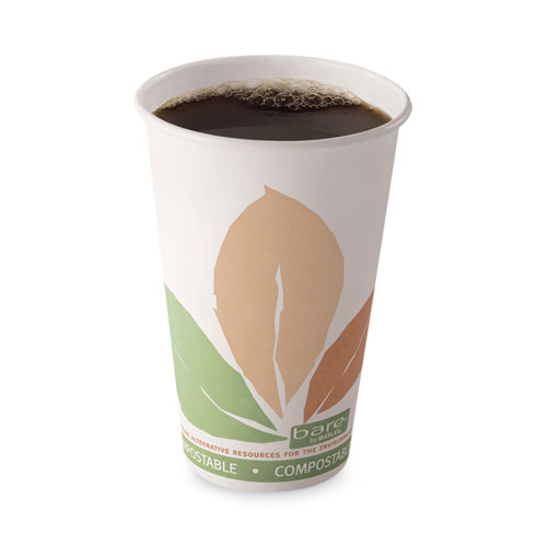 Bare Eco-Forward PLA Paper Hot Cups, 16 oz, Leaf Design, White/Green/Orange, 1,000/Carton