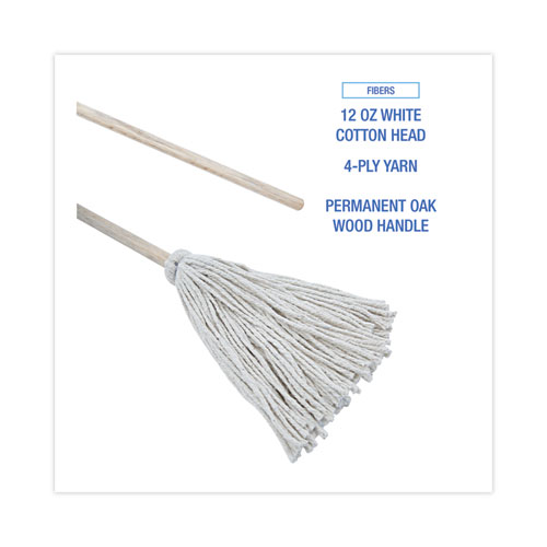 Image of Boardwalk® Handle/Deck Mops, 12 Oz White Cotton Head, 48" Oak Wood Handle, 6/Pack