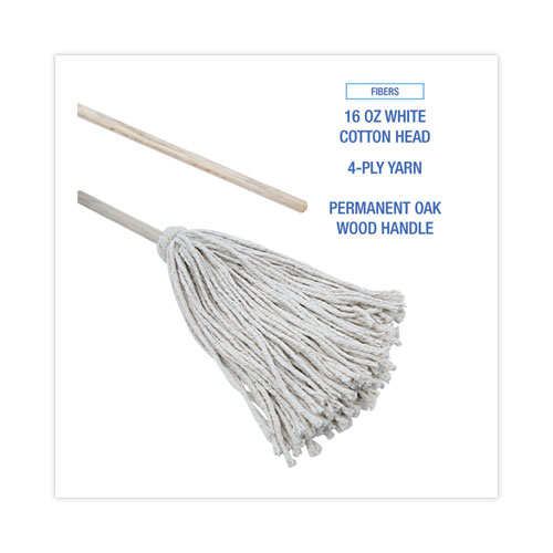 Image of Boardwalk® Handle/Deck Mops, 16 Oz White Cotton Head, 48" Oak Wood Handle