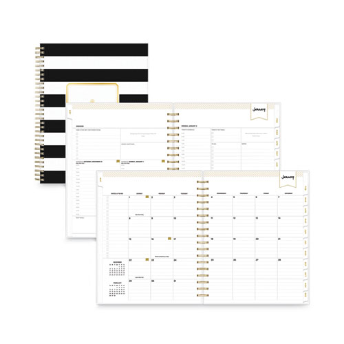 Day Designer Daily/Monthly Frosted Planner, Rugby Stripe Artwork, 10 x 8, Black/White Cover, 12-Month (July-June): 2024-2025