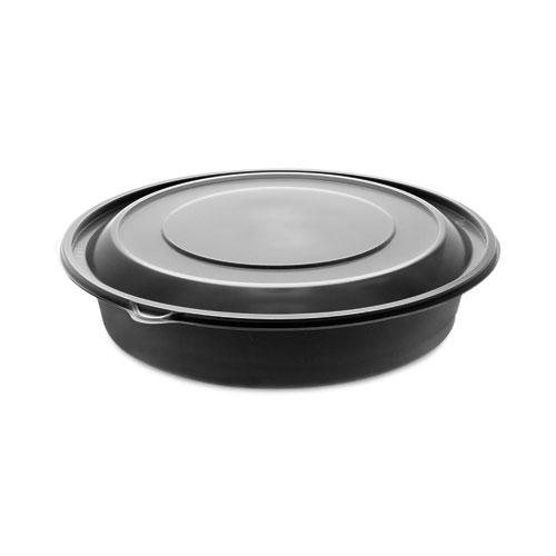 EarthChoice MealMaster Container with Lid, 48 oz, 10.13" Diameter x 2.13"h, 1-Compartment, Black/Clear, Plastic, 150/Carton