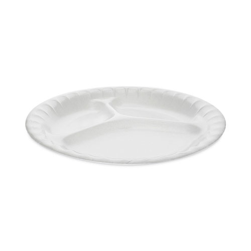 Placesetter Deluxe Laminated Foam Dinnerware, 3-Compartment Plate, 8.88" dia, White, 500/Carton
