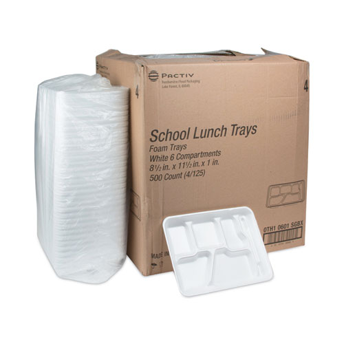 Image of Pactiv Evergreen Foam School Trays, 6-Compartment, 8.5 X 11.5 X 1.25, White, 500/Carton