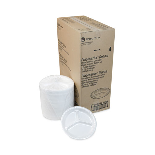 Placesetter Deluxe Laminated Foam Dinnerware, 3-Compartment Plate, 10.25" dia, White, 540/Carton