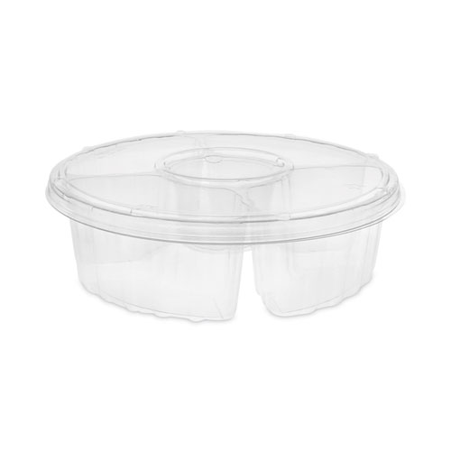 Image of Pactiv Evergreen Dip Cup Platter, 4-Compartment, 64 Oz, 10" Diameter, Clear, Plastic, 100/Carton