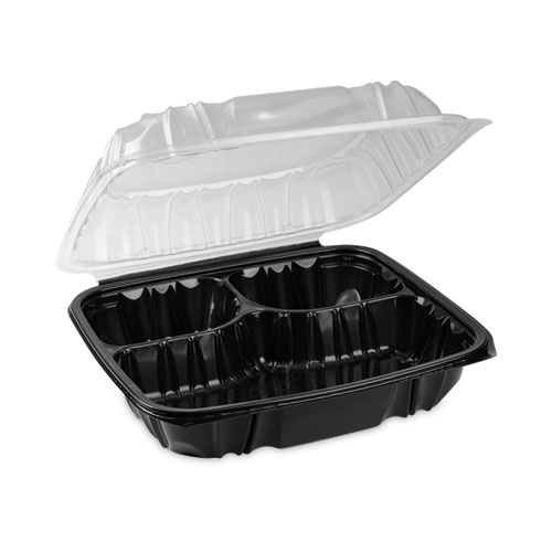 Image of Pactiv Evergreen Earthchoice Vented Dual Color Microwavable Hinged Lid Container, 3-Compartment 34Oz, 10.5X9.5X3, Black/Clear, Plastic, 132/Ct