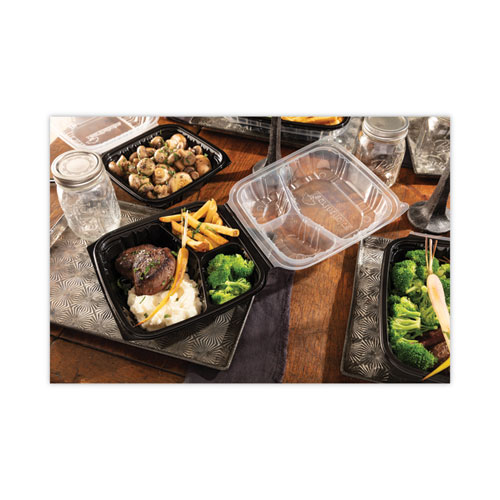 Image of Pactiv Evergreen Earthchoice Vented Dual Color Microwavable Hinged Lid Container, 3-Comp Base/Lid, 34 Oz, 10.5X9.5X3, Blk/Clr, Plastic, 132/Ct