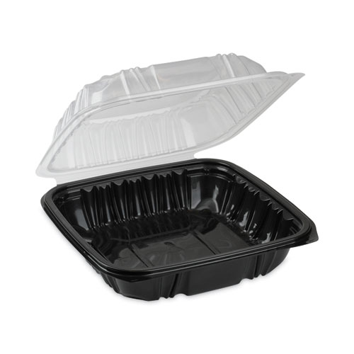 Image of Pactiv Evergreen Earthchoice Vented Dual Color Microwavable Hinged Lid Container, 1-Compartment, 28Oz, 7.5X7.5X3, Black/Clear, Plastic, 150/Ct