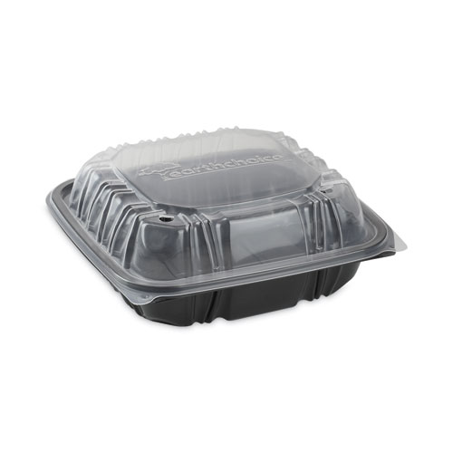 Image of Pactiv Evergreen Earthchoice Vented Dual Color Microwavable Hinged Lid Container, 1-Compartment, 38Oz, 8.5X8.5X3, Black/Clear, Plastic, 150/Ct