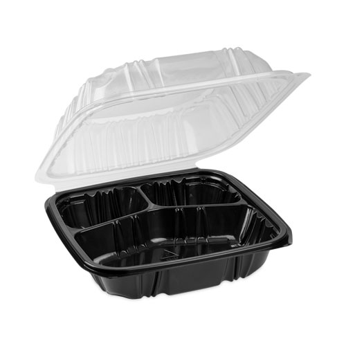 Image of Pactiv Evergreen Earthchoice Vented Dual Color Microwavable Hinged Lid Container, 3-Compartment, 21Oz, 8.5X8.5X3, Black/Clear, Plastic, 150/Ct