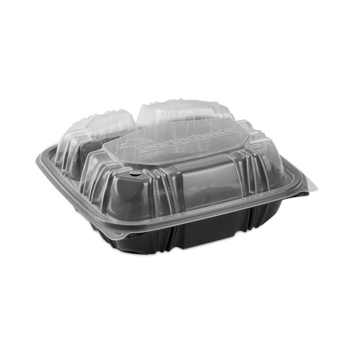 Image of Pactiv Evergreen Earthchoice Vented Dual Color Microwavable Hinged Lid Container, 33Oz, 8.5X8.5X3, 3-Compartment, Black/Clear, Plastic, 150/Ct