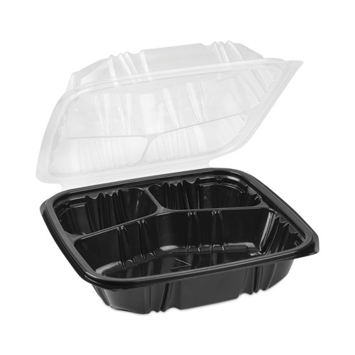 Image of Pactiv Evergreen Earthchoice Vented Dual Color Microwavable Hinged Lid Container, 33Oz, 8.5X8.5X3, 3-Compartment, Black/Clear, Plastic, 150/Ct