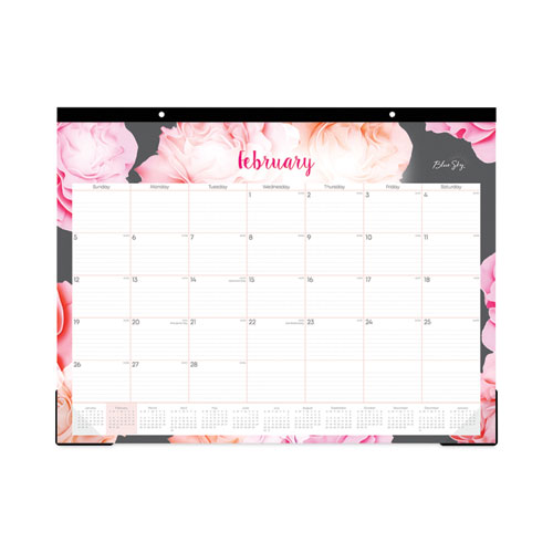 Image of Blue Sky® Joselyn Desk Pad, Rose Artwork, 22 X 17, White/Pink/Peach Sheets, Black Binding, Clear Corners, 12-Month (Jan-Dec): 2024