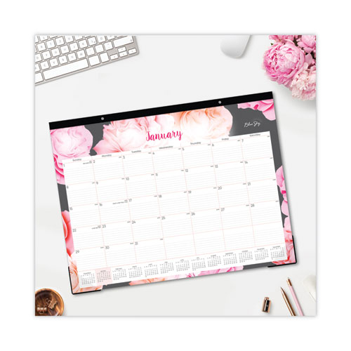 Image of Blue Sky® Joselyn Desk Pad, Rose Artwork, 22 X 17, White/Pink/Peach Sheets, Black Binding, Clear Corners, 12-Month (Jan-Dec): 2024
