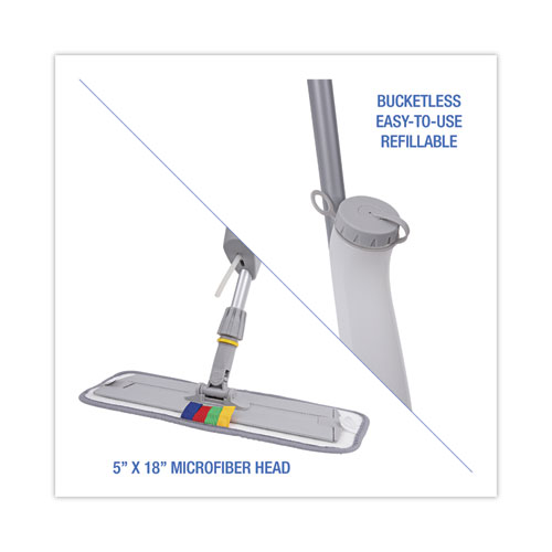 Image of Boardwalk® Bucketless Microfiber Mop System, 5 X 18 Blue Microfiber Head, 59" Gray Aluminum/Polypropylene Handle