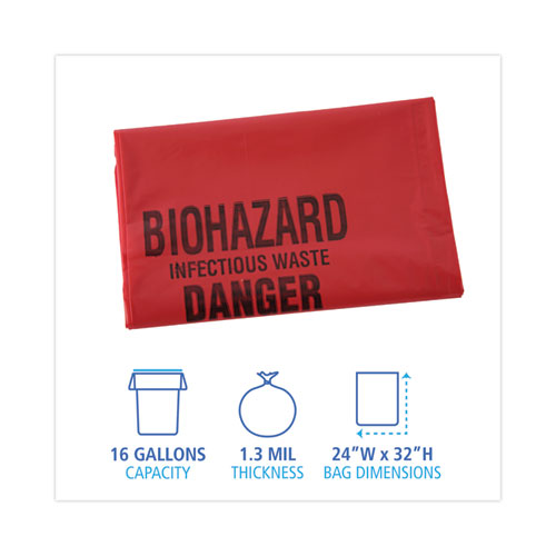 Image of Boardwalk® Linear Low Density Health Care Trash Can Liners, 16 Gal, 1.3 Mil, 24 X 32, Red, 250/Carton
