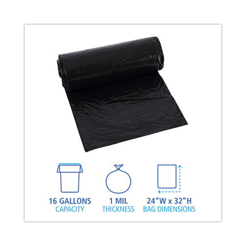 Image of Boardwalk® Low-Density Waste Can Liners, 16 Gal, 1 Mil, 24 X 32, Black, 10 Bags/Roll, 15 Rolls/Carton
