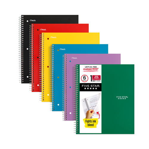 Wirebound Notebook, 1-Subject, Wide/Legal Rule, Randomly Assorted Cover Color, (100) 10.5 x 8 Sheets, 6/Pack
