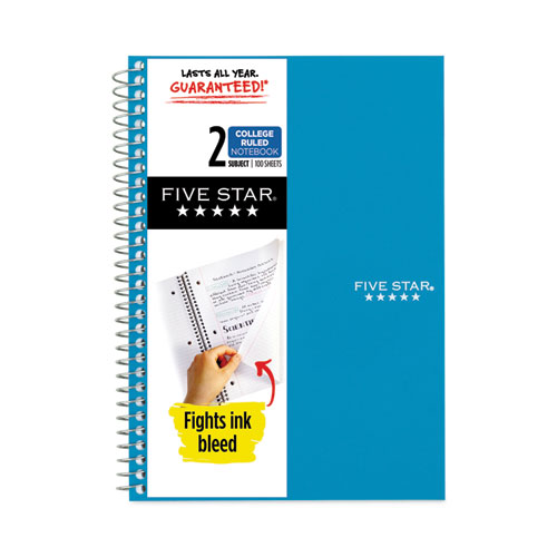 Five Star® Wirebound Notebook with Two Pockets, 2-Subject, Medium/College Rule, Randomly Assorted Cover Color, (100) 9.5 x 6 Sheets