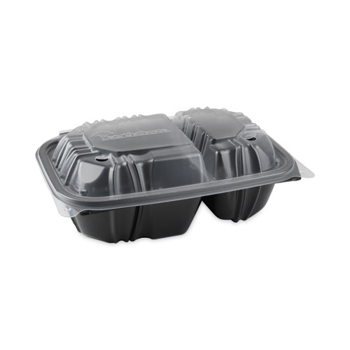 Pactiv Evergreen Earthchoice Vented Dual Color Microwavable Hinged Lid Container, 2-Compartment, 20 Oz, 9X6X3, Black/Clear, Plastic, 140/Ct