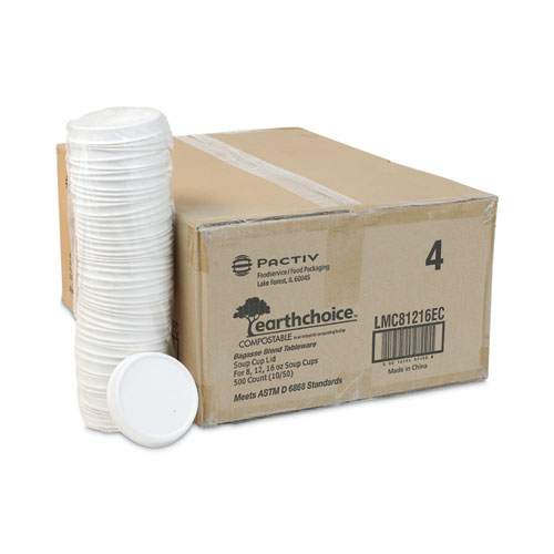 Image of EarthChoice Compostable Soup Cup Lid, For 8-16 oz Soup Cups, 4" Diameter, White, Sugarcane, 500/Carton