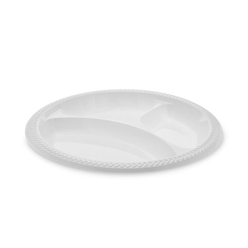Meadoware Impact Plastic Dinnerware, 3-Compartment Plate, 10.25" dia, White, 500/Carton