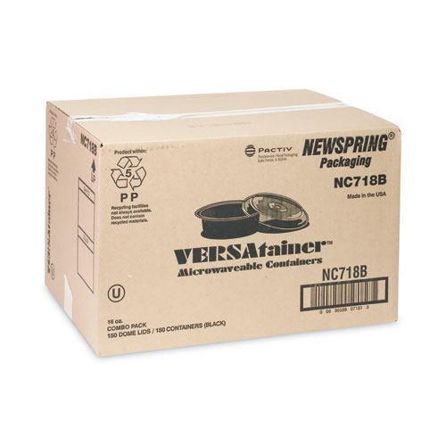 Newspring VERSAtainer Microwavable Containers, 16 oz, 6" Diameter, Black/Clear, Plastic, 150/Carton
