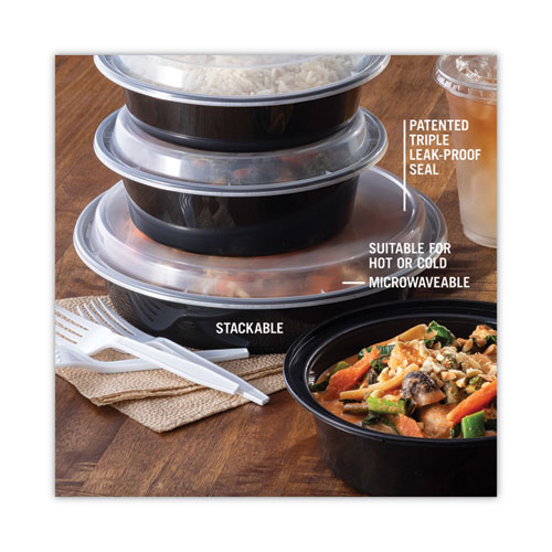 Newspring VERSAtainer Microwavable Containers, Vented Lid, 48 oz, 9" Diameter, Black/Clear, Plastic, 150/Carton
