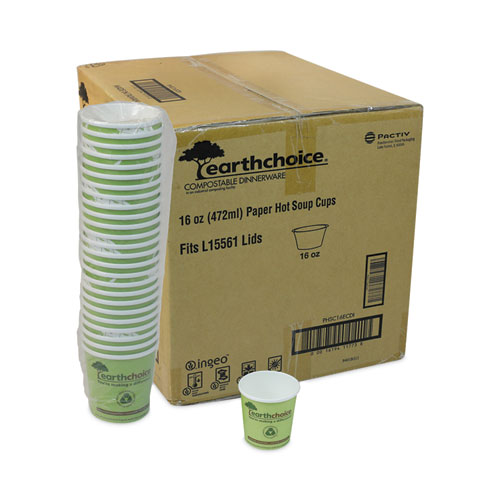 Image of Pactiv Evergreen Earthchoice Compostable Soup Cup Large, 16 Oz, 3.63" Diameter X 3.88"H, Green, Paper, 500/Carton