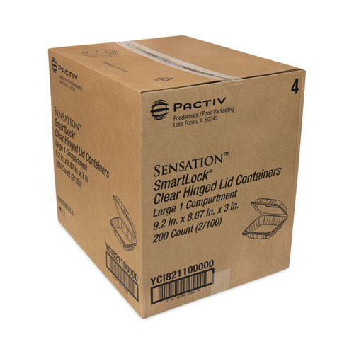 Image of Pactiv Evergreen Sensation Smartlock Hinged Lid Container, 9.21 X 8.87 X 3.07, Clear, Plastic, 200/Carton