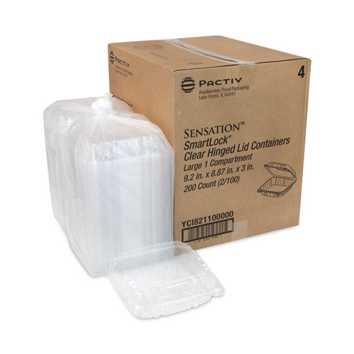 Image of Pactiv Evergreen Sensation Smartlock Hinged Lid Container, 9.21 X 8.87 X 3.07, Clear, Plastic, 200/Carton