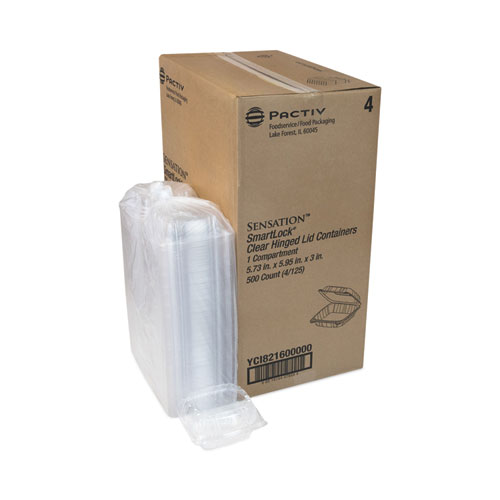 Image of Pactiv Evergreen Sensation Smartlock Hinged Lid Container, 5.74 X 5.95 X 3.1, Clear, Plastic, 500/Carton